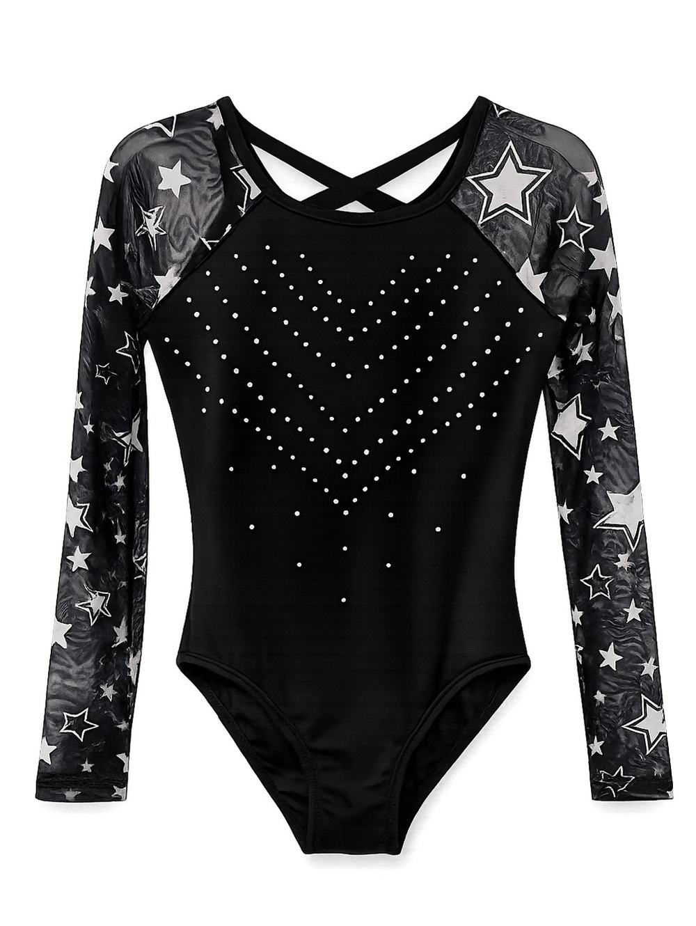 Justice Dance Gym Black Rhinestone Star Mesh Leotard Kids Large 12/14